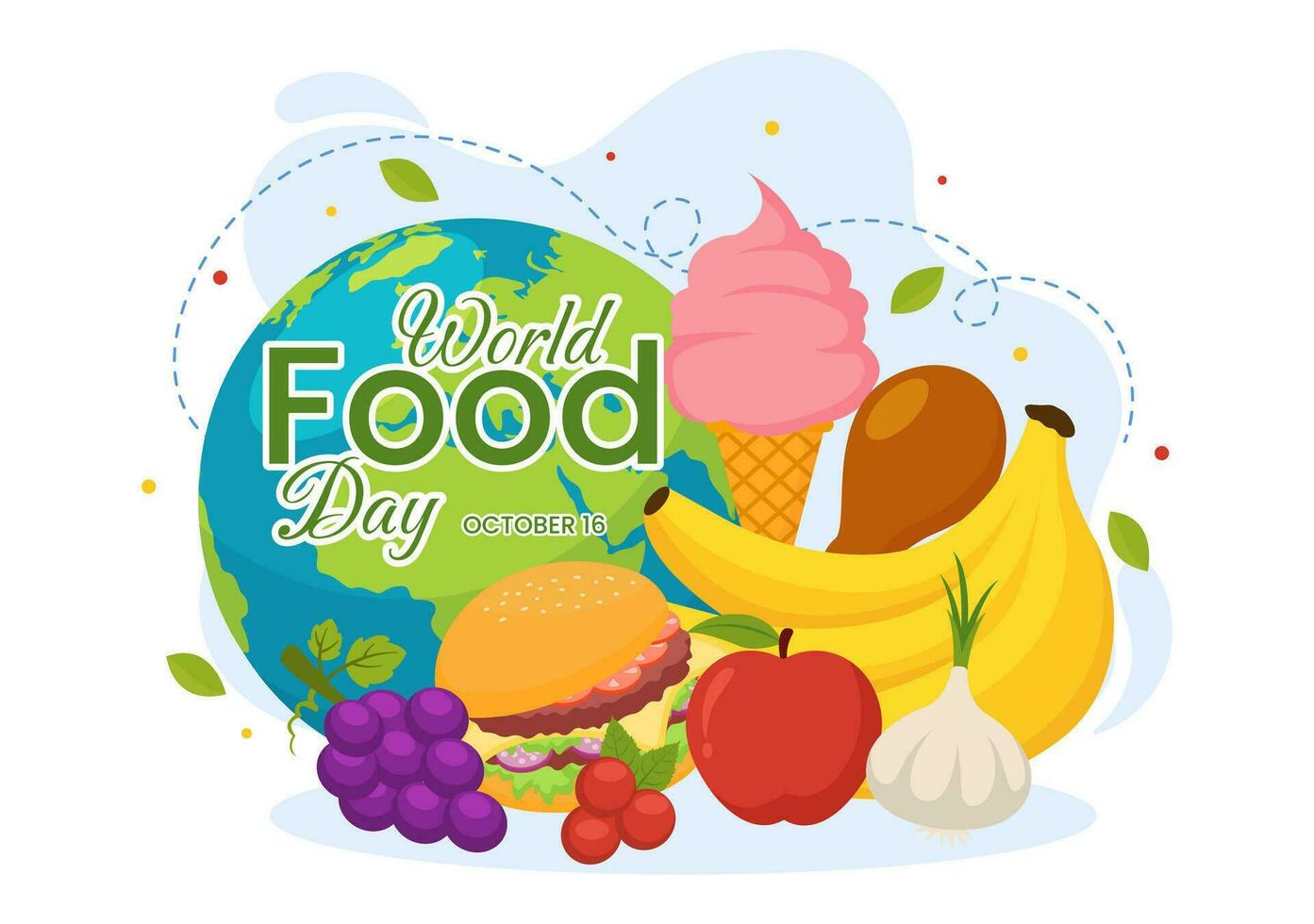 värld mat dag vektor illustration på 16 oktober med olika mat, frukt och vegetabiliska i platt tecknad serie hand dragen bakgrund mallar