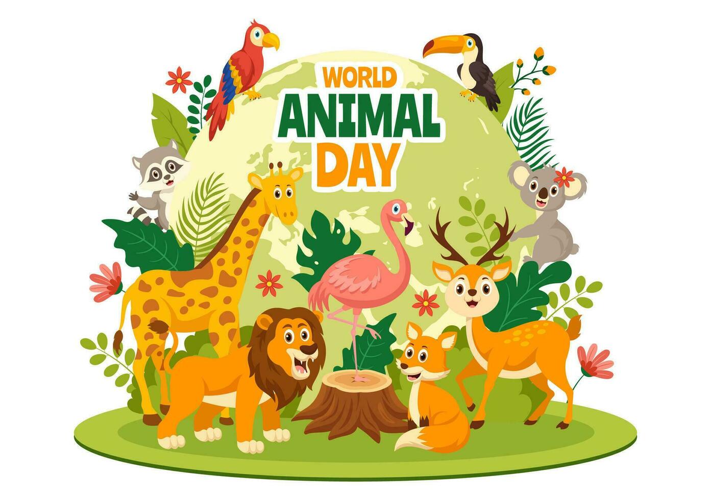 värld djur- dag vektor illustration med olika djur eller vilda djur och växter för livsmiljö skydd och skog i platt tecknad serie bakgrund mallar
