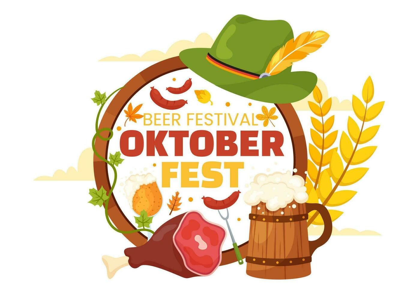 Lycklig oktoberfest fest festival vektor illustration med öl, korv, pepparkaka, tysk flagga och ets bakgrund platt tecknad serie hand dragen mallar