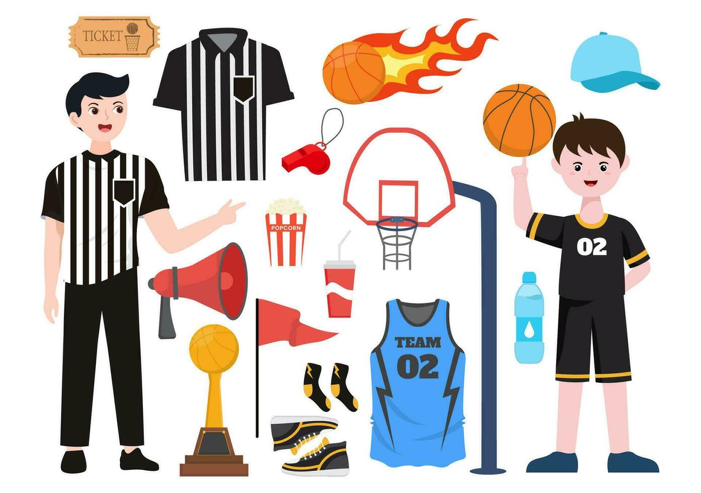 uppsättning basketboll element vektor illustration med olika Utrustning basketbollar bakgrund i platt tecknad serie för webb baner eller klistermärke mallar