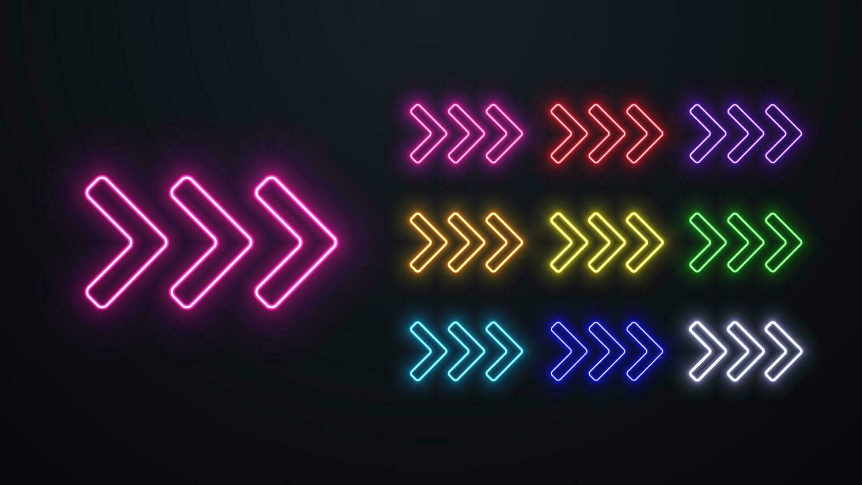 en uppsättning av neon riktnings pilar i annorlunda färger. vektor