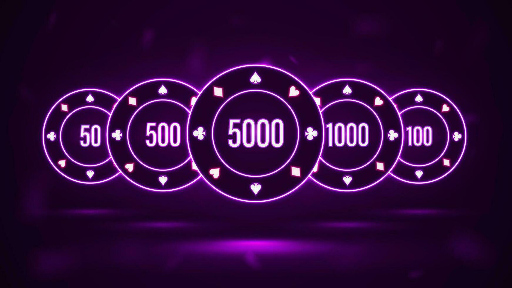 Neon- einstellen von Poker Chips auf ein lila Hintergrund. hell Kasino Chips von 100 zu 5000. vektor