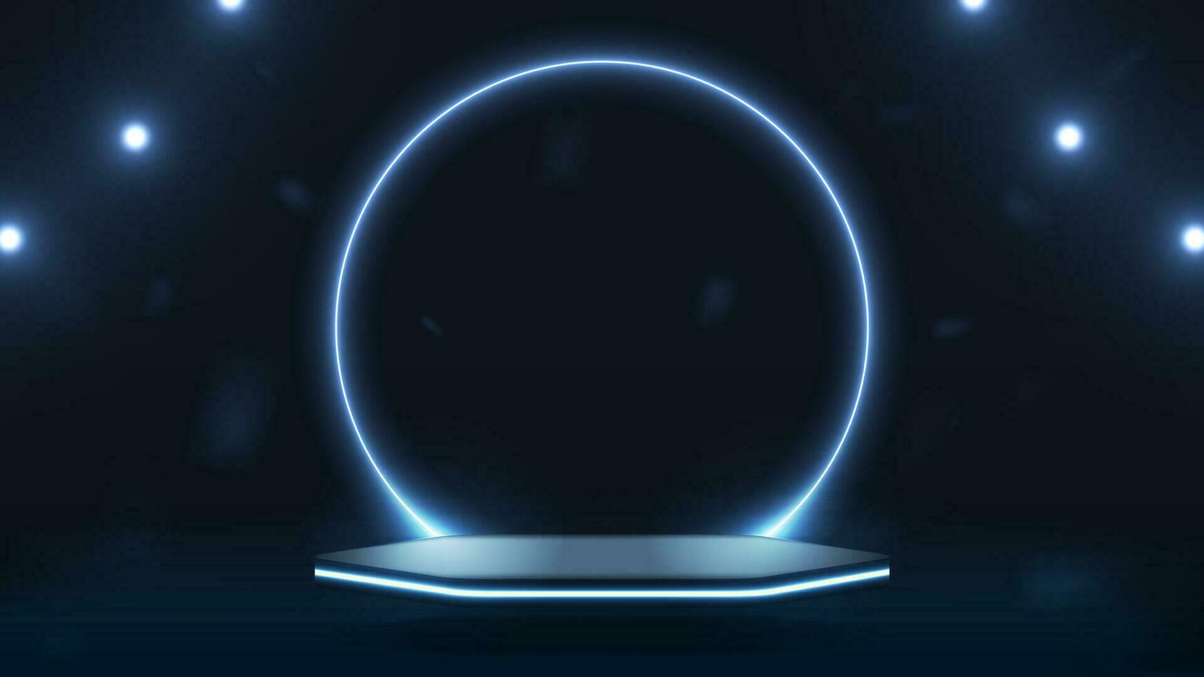 ein leeren hell glänzend Podium mit ein glänzend Neon- runden Bogen. Plattform auf ein dunkel Blau Hintergrund. vektor