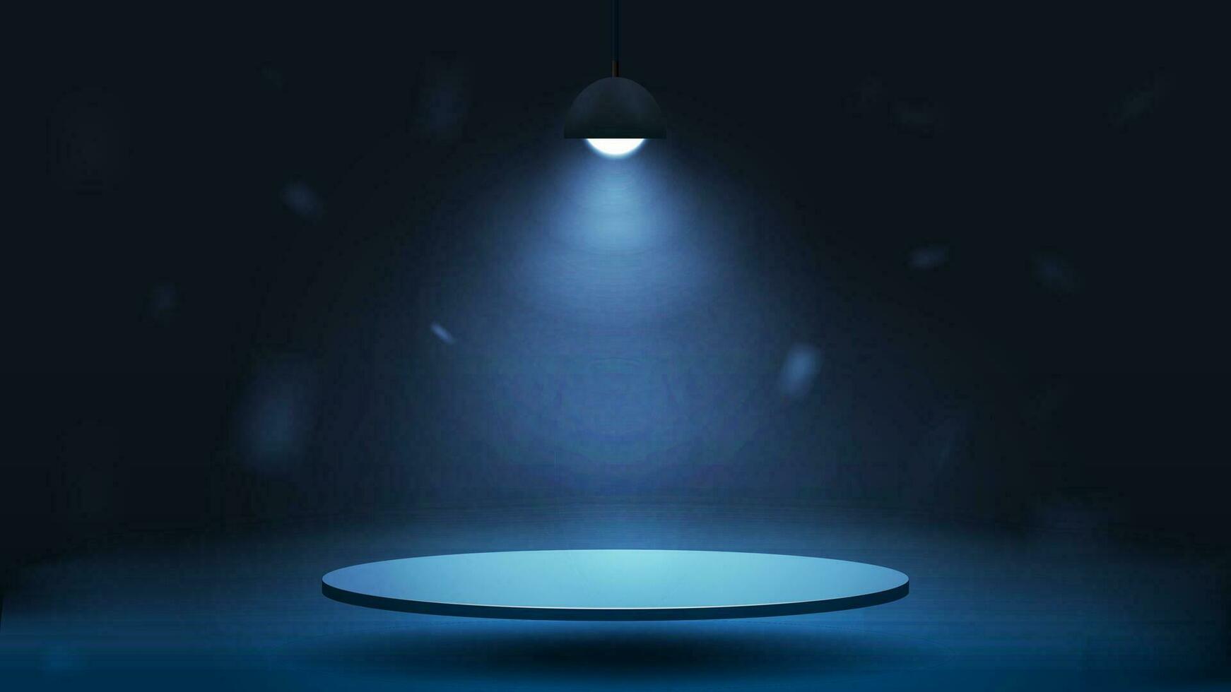 ein realistisch leeren Podium unter ein hell glühend Lampe. ein schwebend Plattform auf ein dunkel Blau Hintergrund. vektor