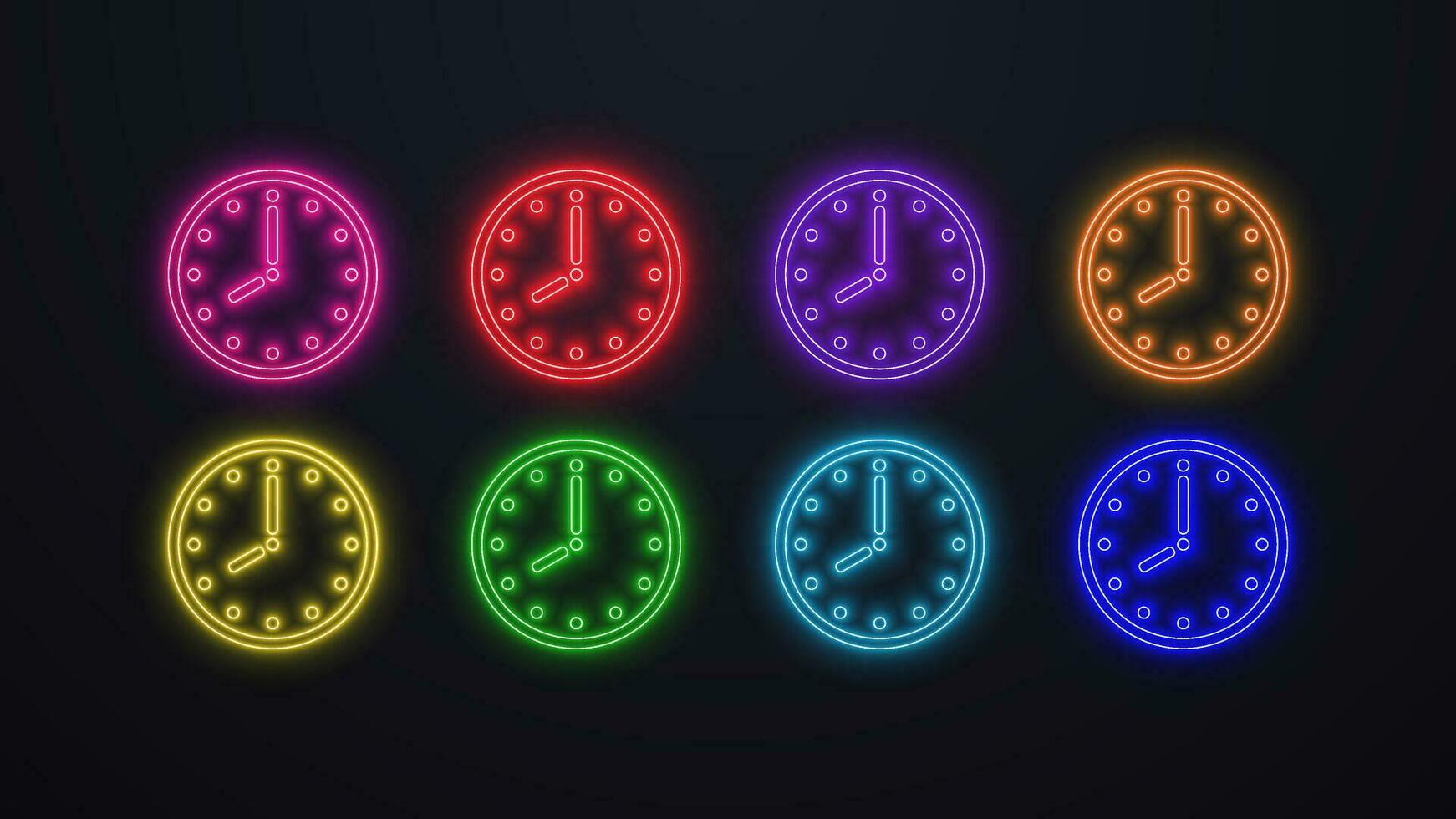 en uppsättning av neon klockor med en ringa och händer i annorlunda färger grön, blå, orange, gul, grön, röd på en mörk bakgrund. vektor