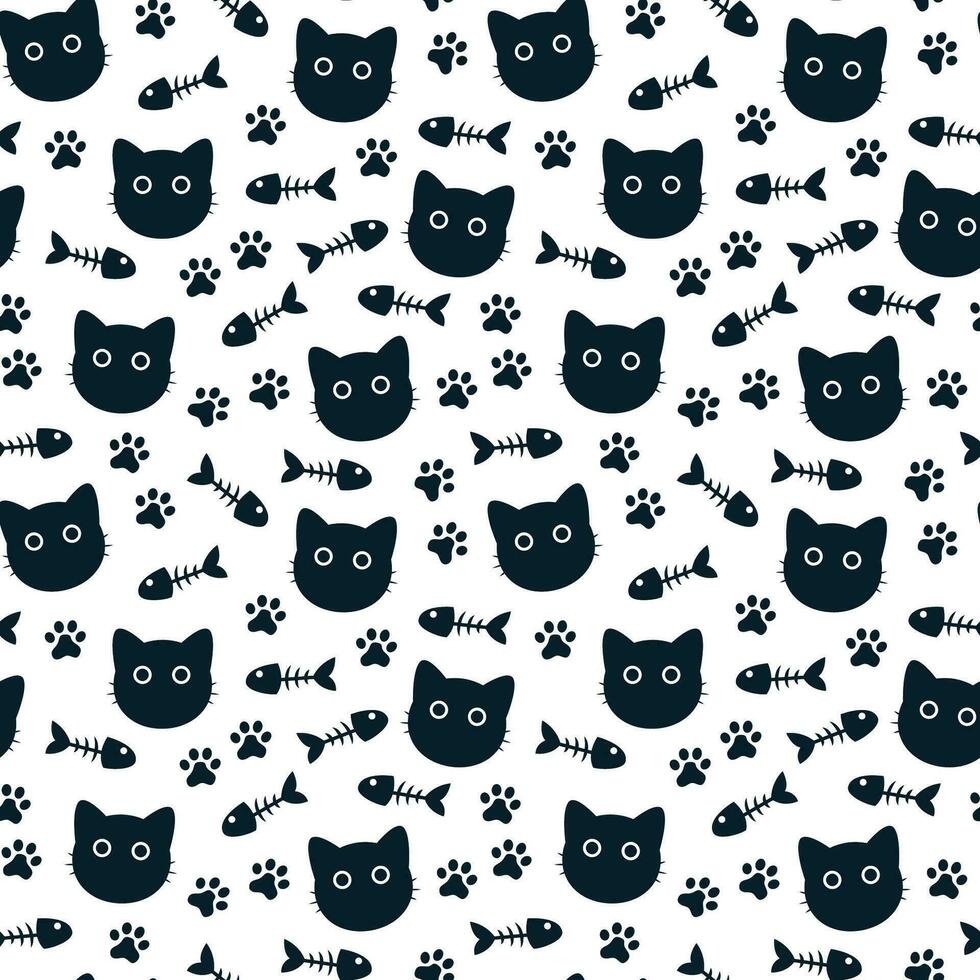 schwarz Katze Muster und einstellen von Fußabdrücke und Fisch Knochen, perfekt zum Design Hintergrund, Verpackung Papier, Hintergrund, Stoff. vektor