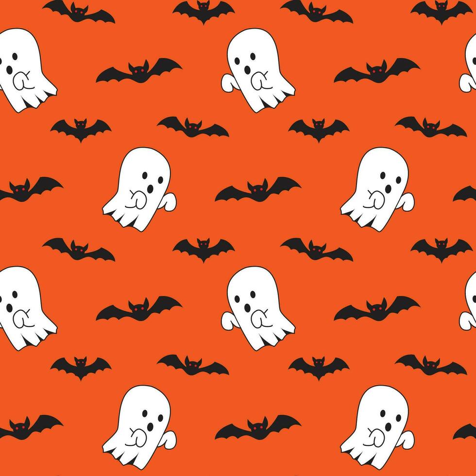 söt halloween spöke och fladdermus sömlös mönster på orange bakgrund. bra vektor illustration för barn och Hem dekor projekt.