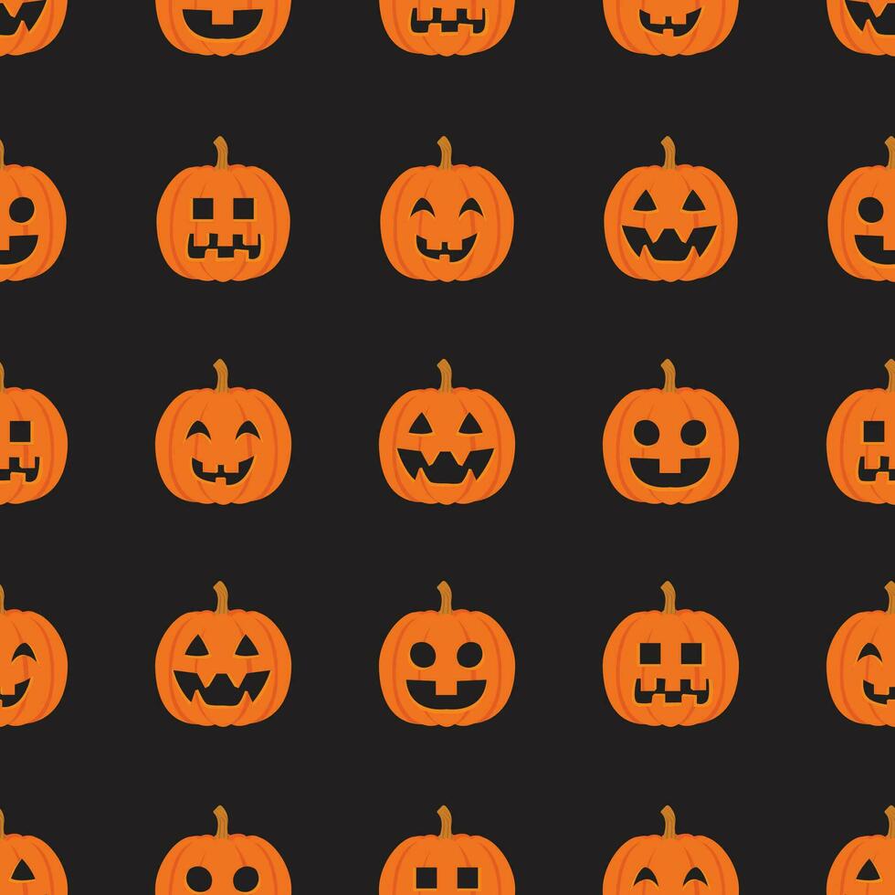 nahtlos Vektor Muster zum Halloween mit süß lächelnd Orange Kürbisse auf ein schwarz Hintergrund. Urlaub Hintergrund zum Verpackung Papier, Stoff, Textil, Sammelalbum.