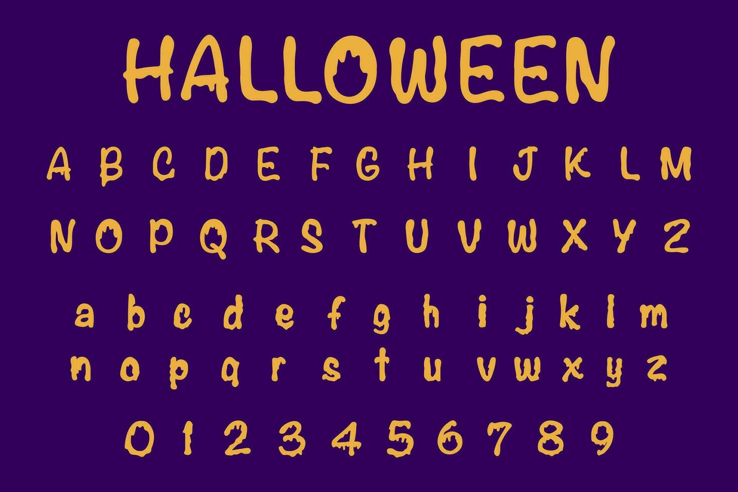 Halloween Schriftart az Alphabet Briefe Großbuchstaben, Kleinbuchstaben und 0-9 Zahlen Vektor und Illustration