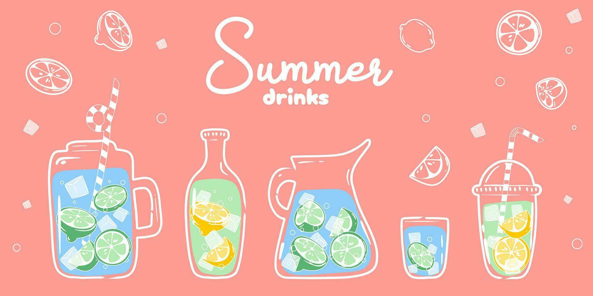 citronsaft. vektor illustration av hemlagad citronsaft. hand ritade. uppsättning av sommar citrus- drycker med is i platt stil.