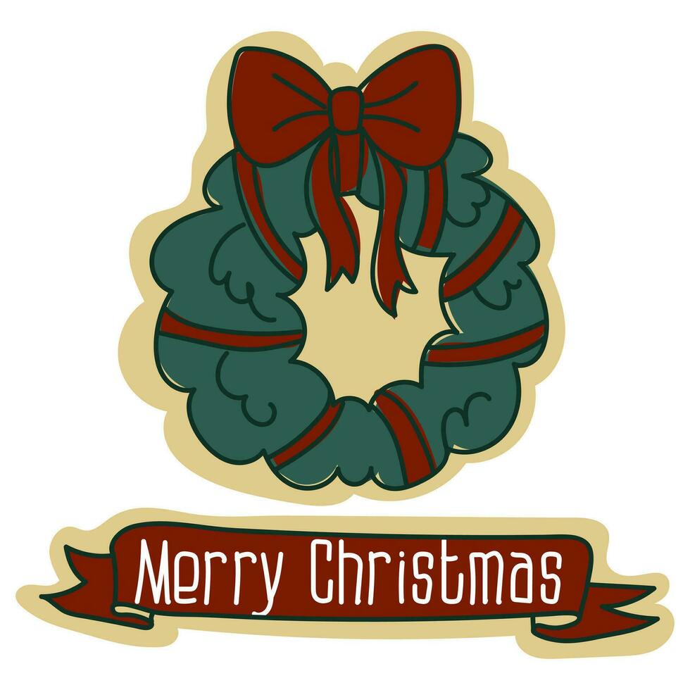en vykort med en jul krans och en hälsning band, en traditionell jul vektor illustration. en vykort för de Semester i retro stil. tecknad serie objekt