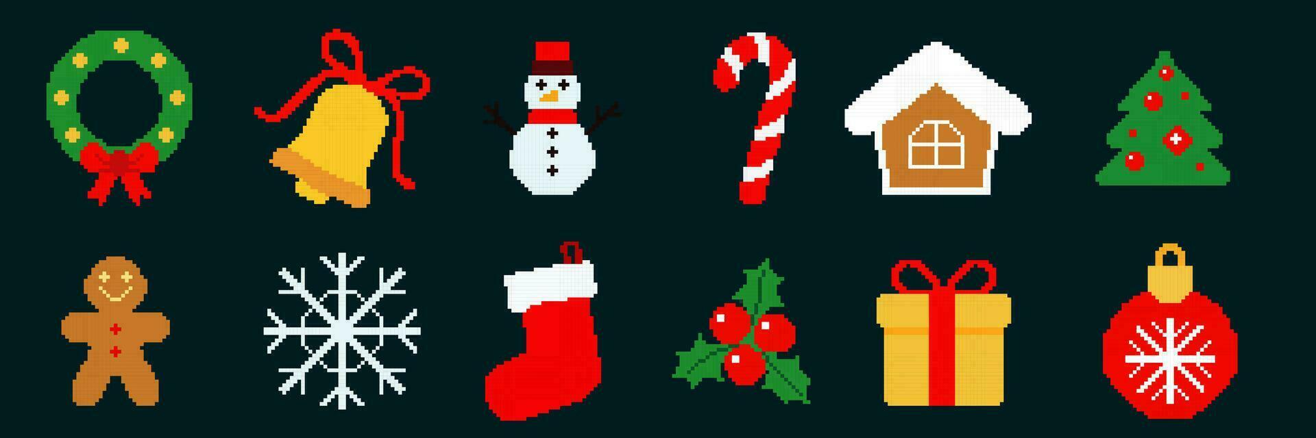 Sammlung von Weihnachten Symbol im Pixel Kunst Stil. Pixel Weihnachten Symbol. Pixel Kunst Weihnachten Elemente Clip Kunst Pack. Vektor Illustration.