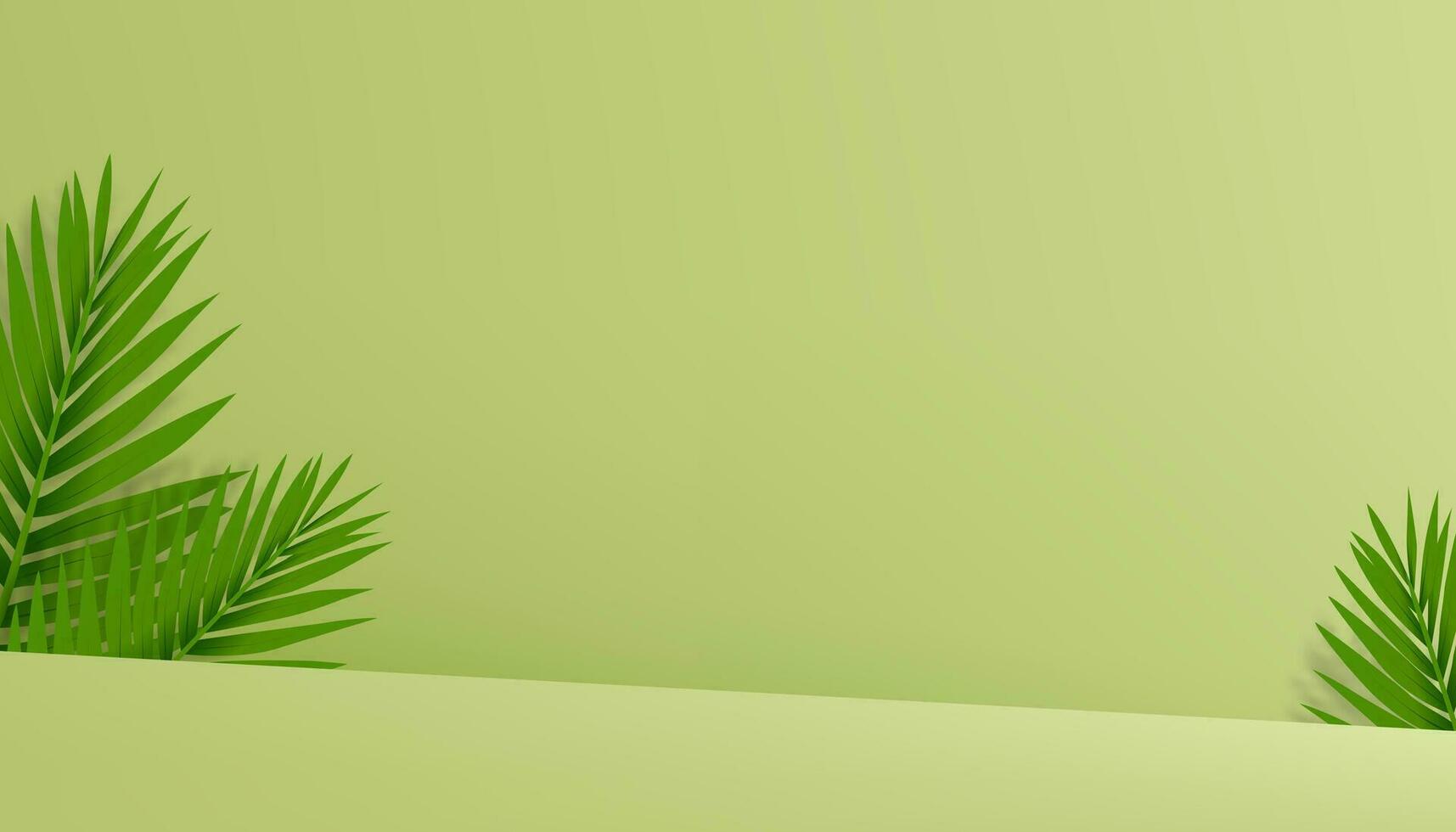 Studio Hintergrund mit Palme Blätter und Schatten auf Grün Mauer Beton .Vektor leeren Produkt Anzeige Podium mit Kokosnuss Blatt, Hintergrund Banner zum Frühling, Sommer- Kosmetik, Hautpflege, Schönheit Präsentation vektor