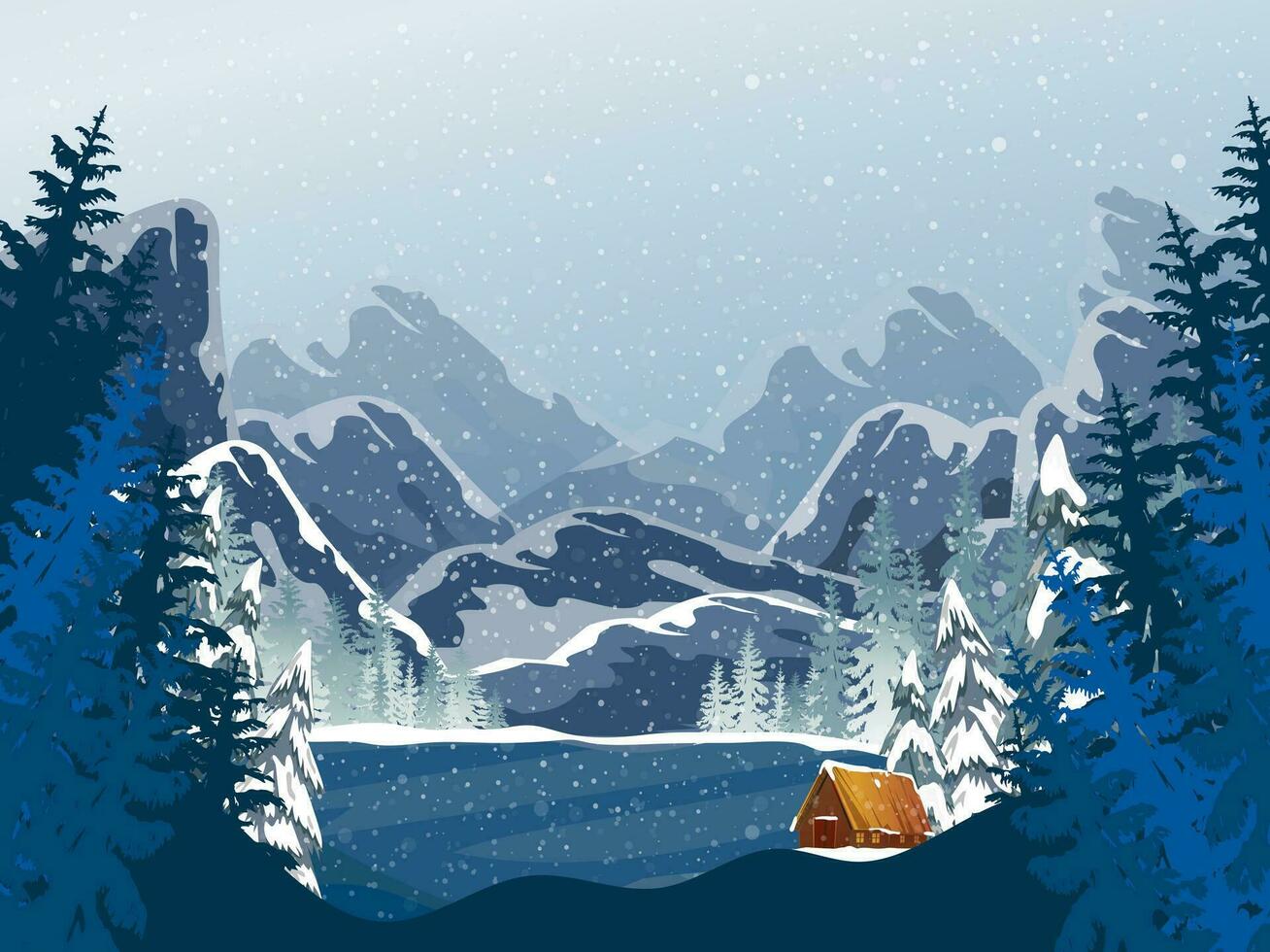 Winter mit schneebedeckt Berge Landschaft Wald Kiefern Baum und Holz Scheune auf Feld.Vektor Banner Karikatur Horizont natürlich Landschaft zum Neu Jahr, Weihnachten Hintergrund, Netz Banner, Kalender Cover, Gruß Karte vektor