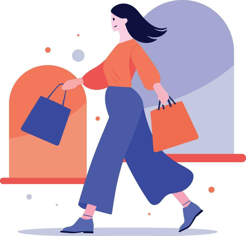 Hand gezeichnet glücklich Frau halten Einkaufen Taschen und Gehen im Einkaufen Einkaufszentrum im eben Stil vektor