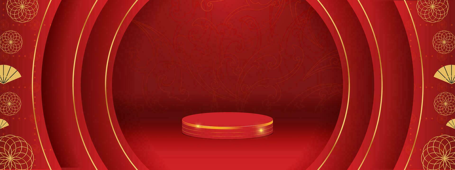 Mond- Neu Jahr Banner mit 3d gerendert Podium im rot Gradient und Orange Gold Gelb Höhepunkte. editierbar Vektor Illustration. eps 10