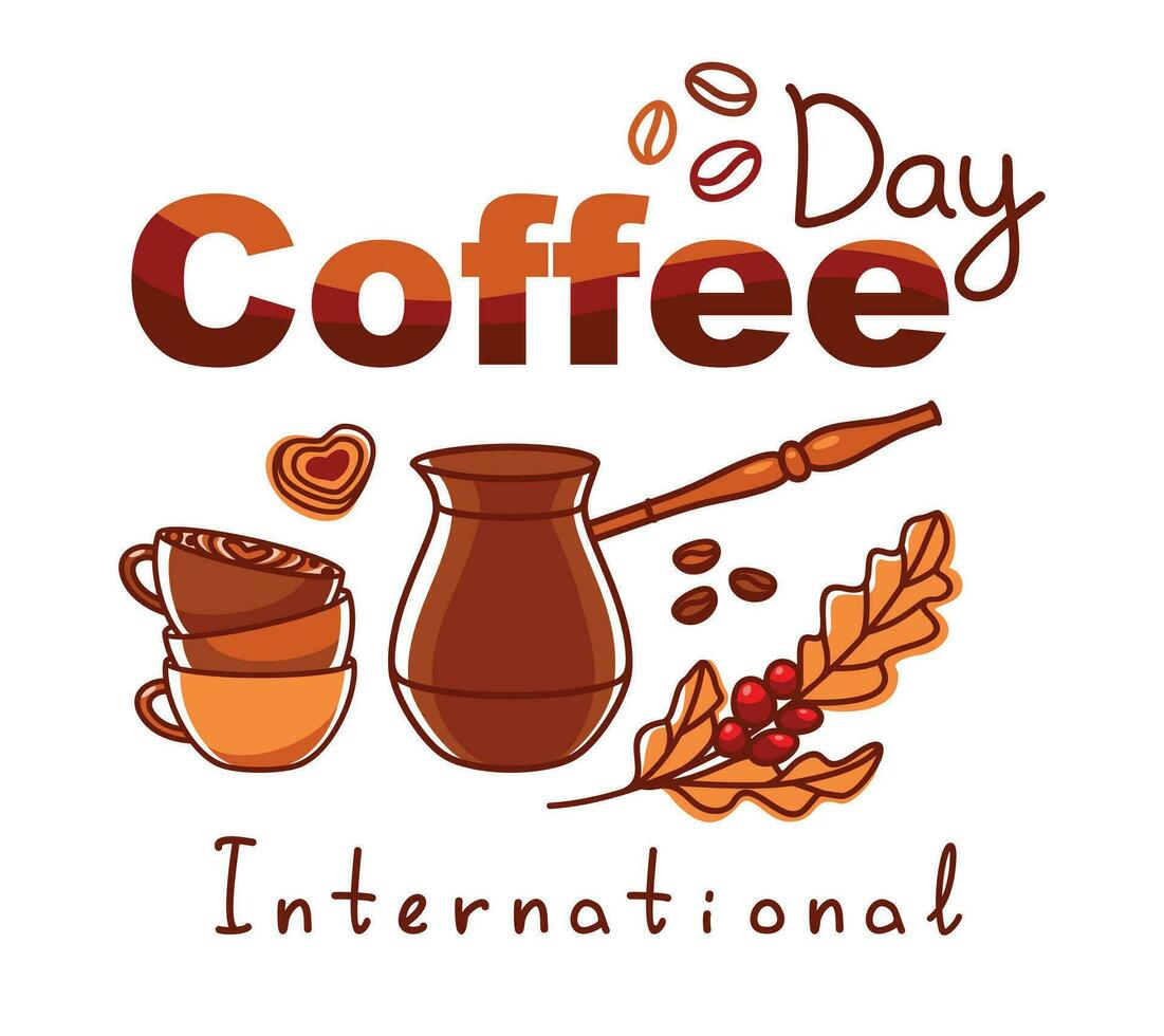 cezve und verschiedene Typen von Kaffee. International Kaffee Tag Banner. Kaffee Tag Banner. Vektor. vektor