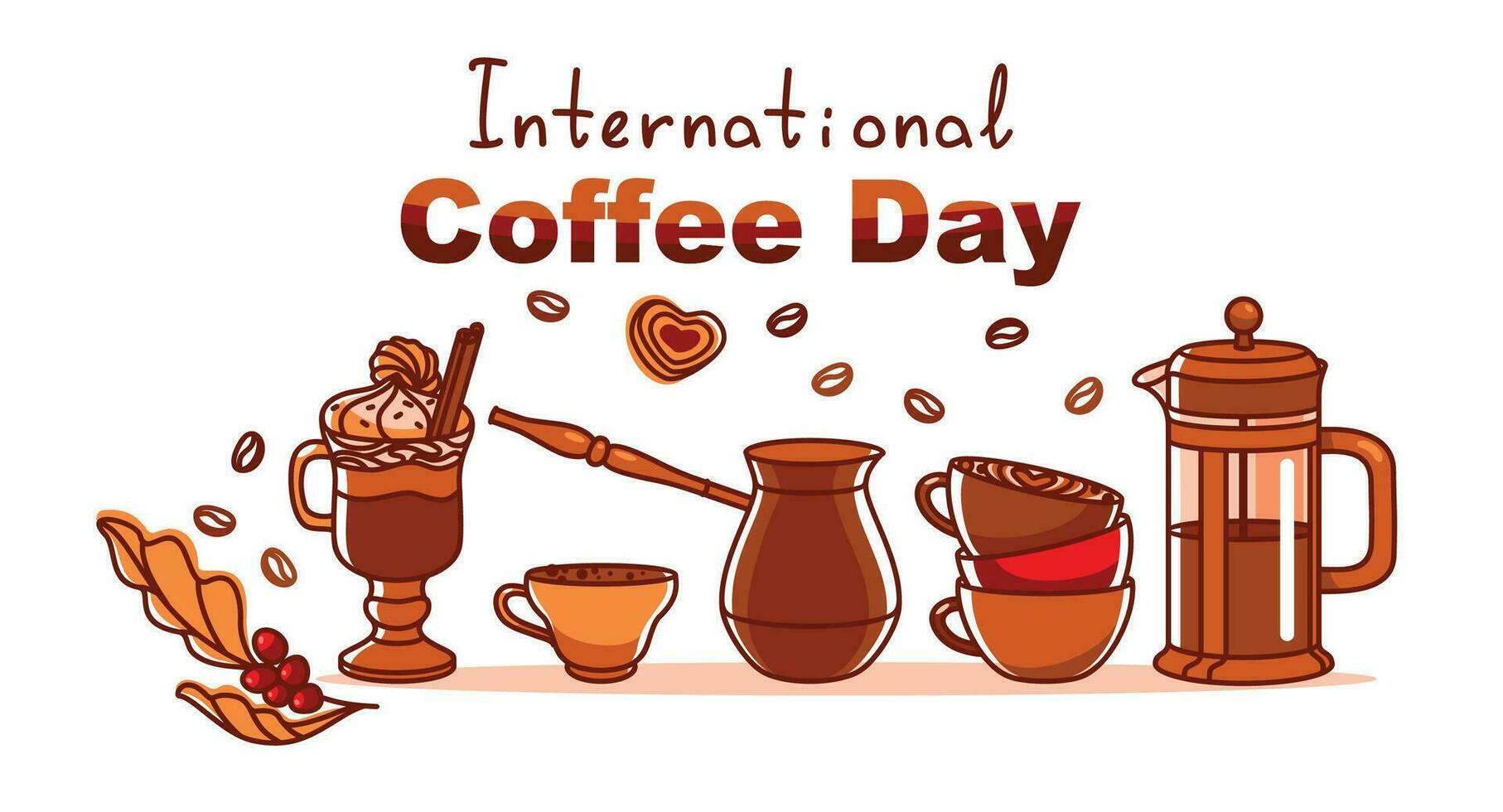 cezve, Kaffee Topf und verschiedene Typen von Kaffee. International Kaffee Tag Banner. Kaffee Tag Banner. Vektor