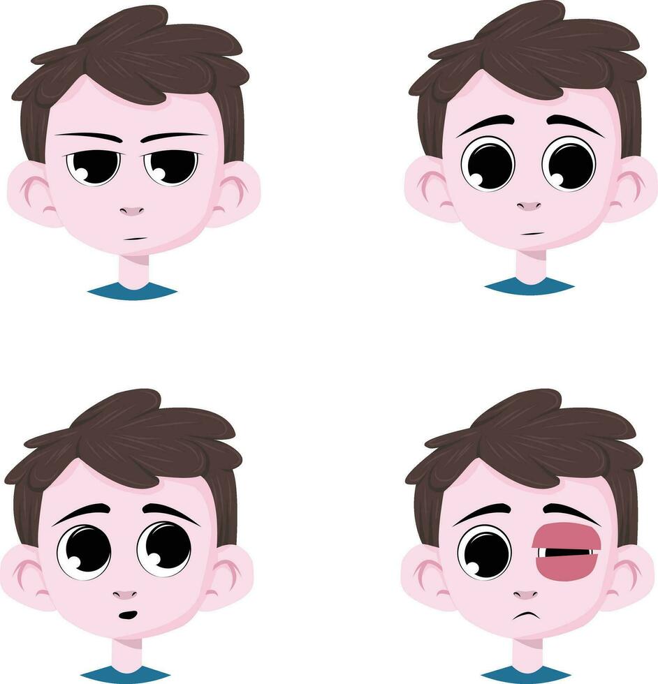 uppsättning av tecknad serie barn ansiktsbehandling uttryck. pojke tecknad serie avatar. vektor illustration av tecknad serie pojke karaktär