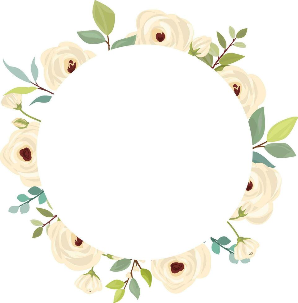 Hochzeit Rahmen mit Blume Strauß. Weiß Rosen, Grün Blätter. Blumen- Poster, einladen und Gruß Karte. vektor