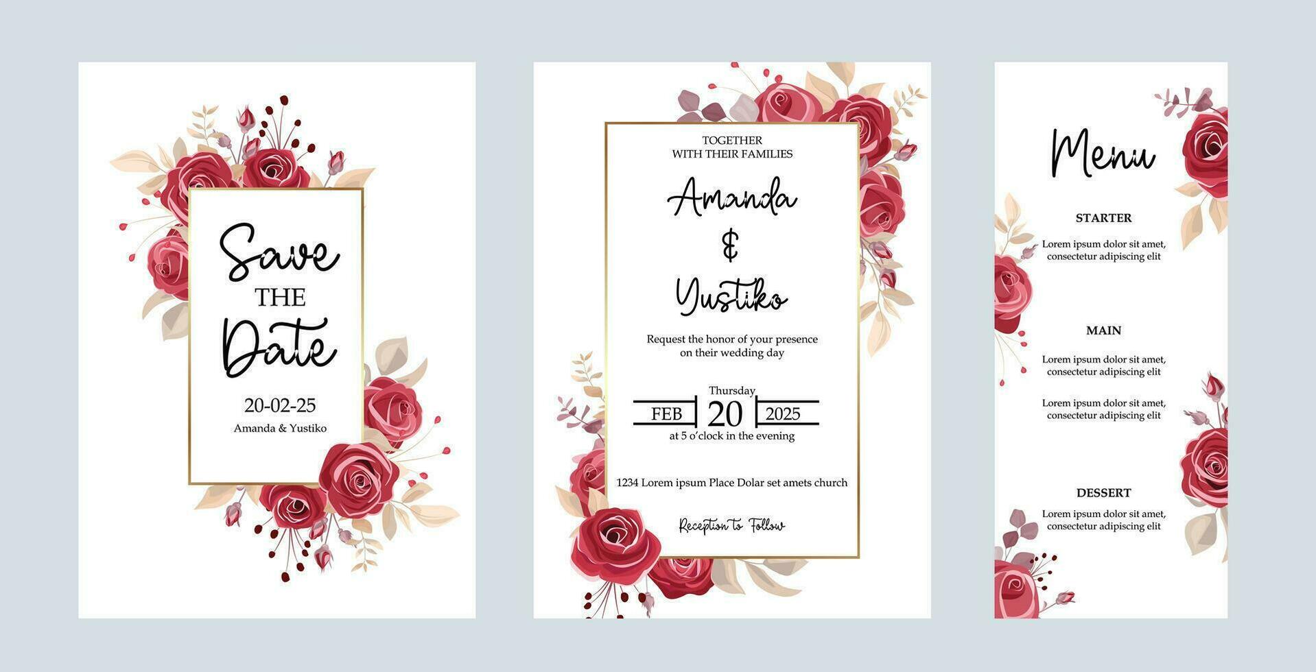 Hochzeit Einladung Karte Vorlage einstellen mit kastanienbraun Rose Blumen- rahmen. botanisch Dekoration zum Hintergrund, speichern das Datum, Einladung, Gruß Karte, Poster Vektor, Speisekarte Karte vektor