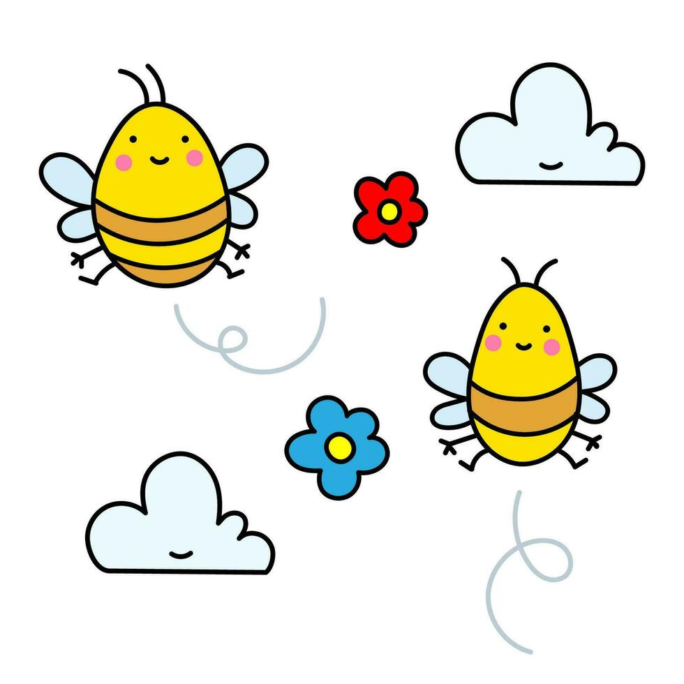 Färg vektor illustration av bin, blommor och moln