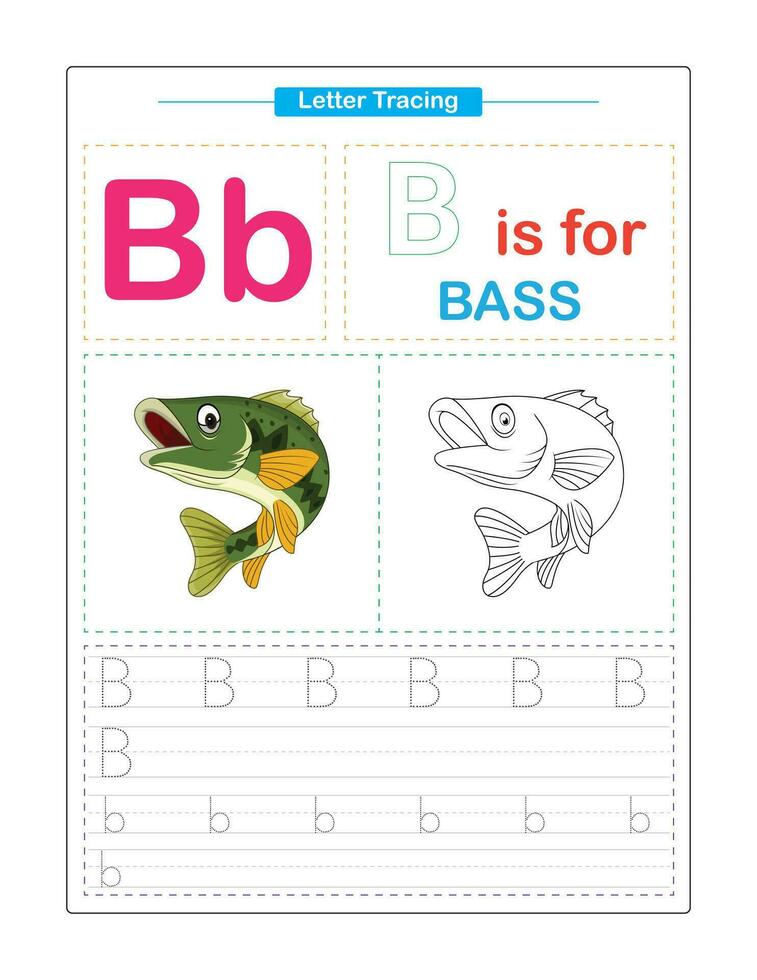 versal och små bokstäver. söt barn. färgrik ABC alfabet spårning. öva kalkylblad för ungar. inlärning engelsk ordförråd och handstil. brev spår. vektor illustration