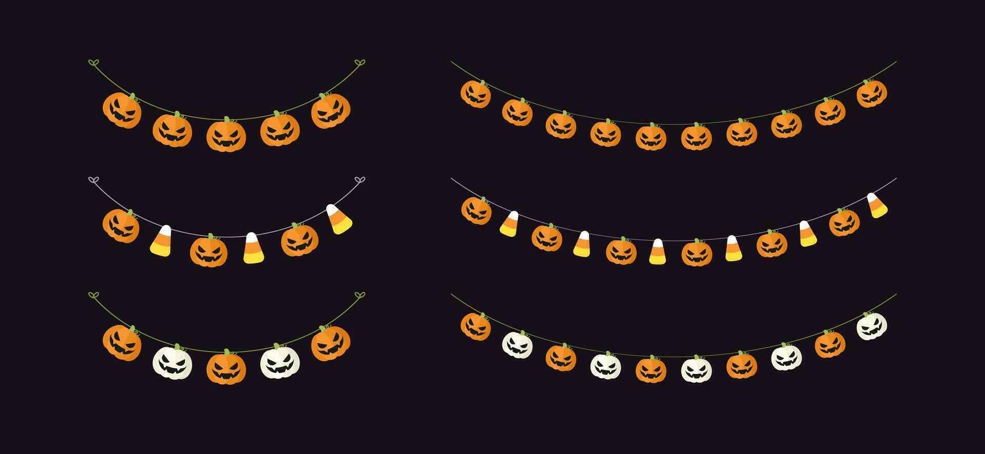 süß Jack Ö Laterne Kürbis und Süßigkeiten Mais Girlande einstellen zum Halloween. einfach Trick oder behandeln Banner hängend Party Dekor Vektor Element.