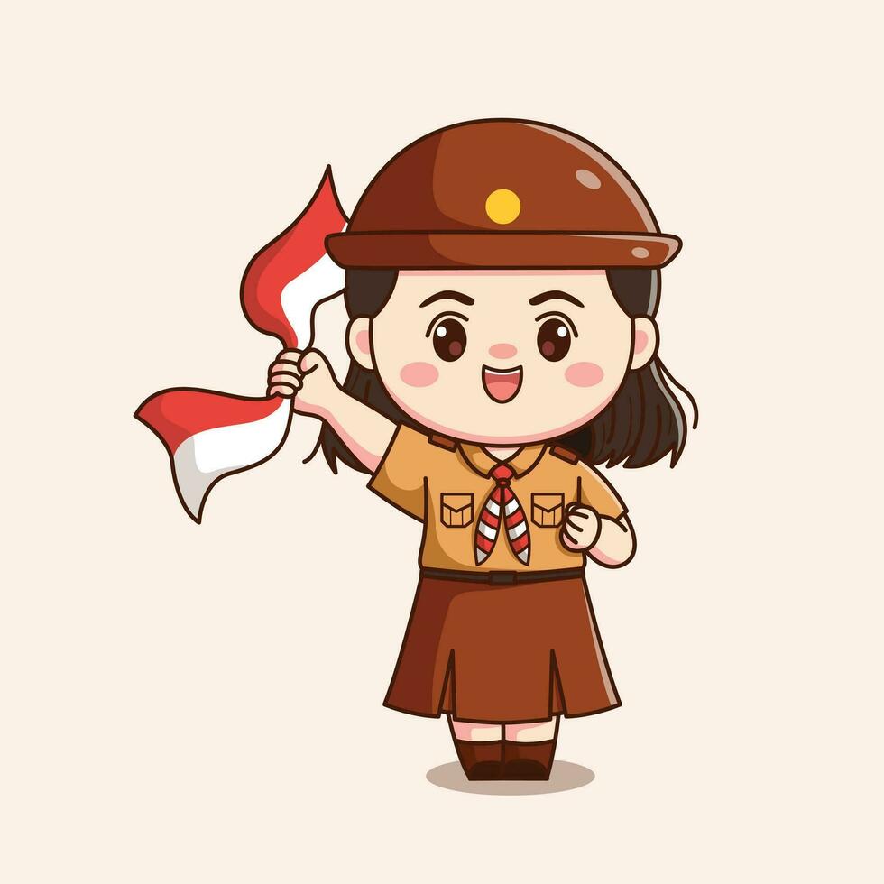 indonesisch erkunden Mädchen halten Flagge süß kawaii Chibi Charakter Illustration vektor