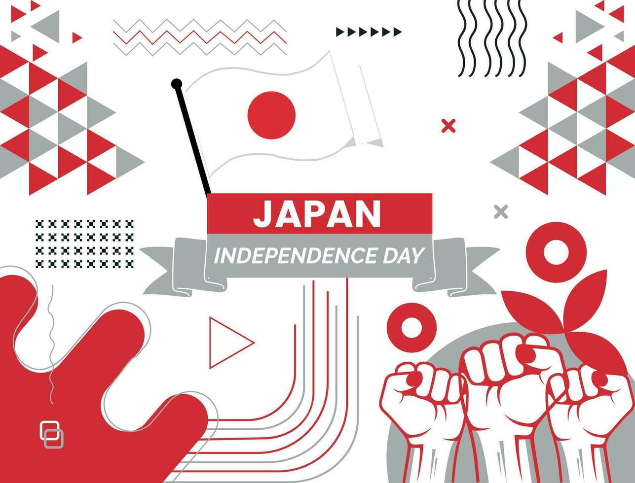 Japan Karte und angehoben Fäuste. National Tag oder Unabhängigkeit Tag Design zum Japan Feier. modern retro Design mit abstrakt Symbole. Vektor Illustration.