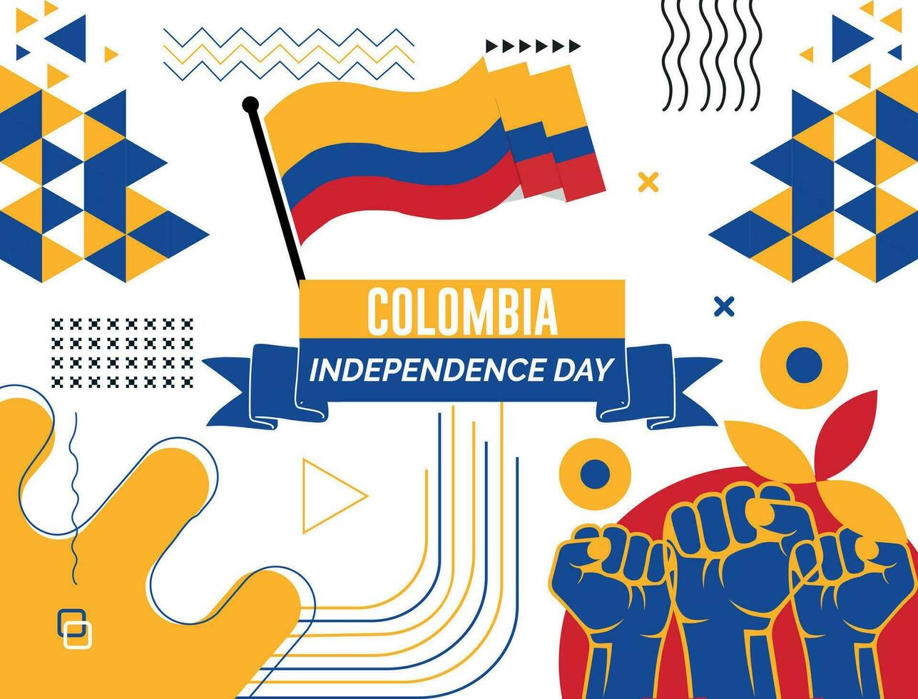 colombia Karta och Uppfostrad nävar. nationell dag eller oberoende dag design för colombia firande. modern retro design med abstrakt ikoner. vektor illustration.
