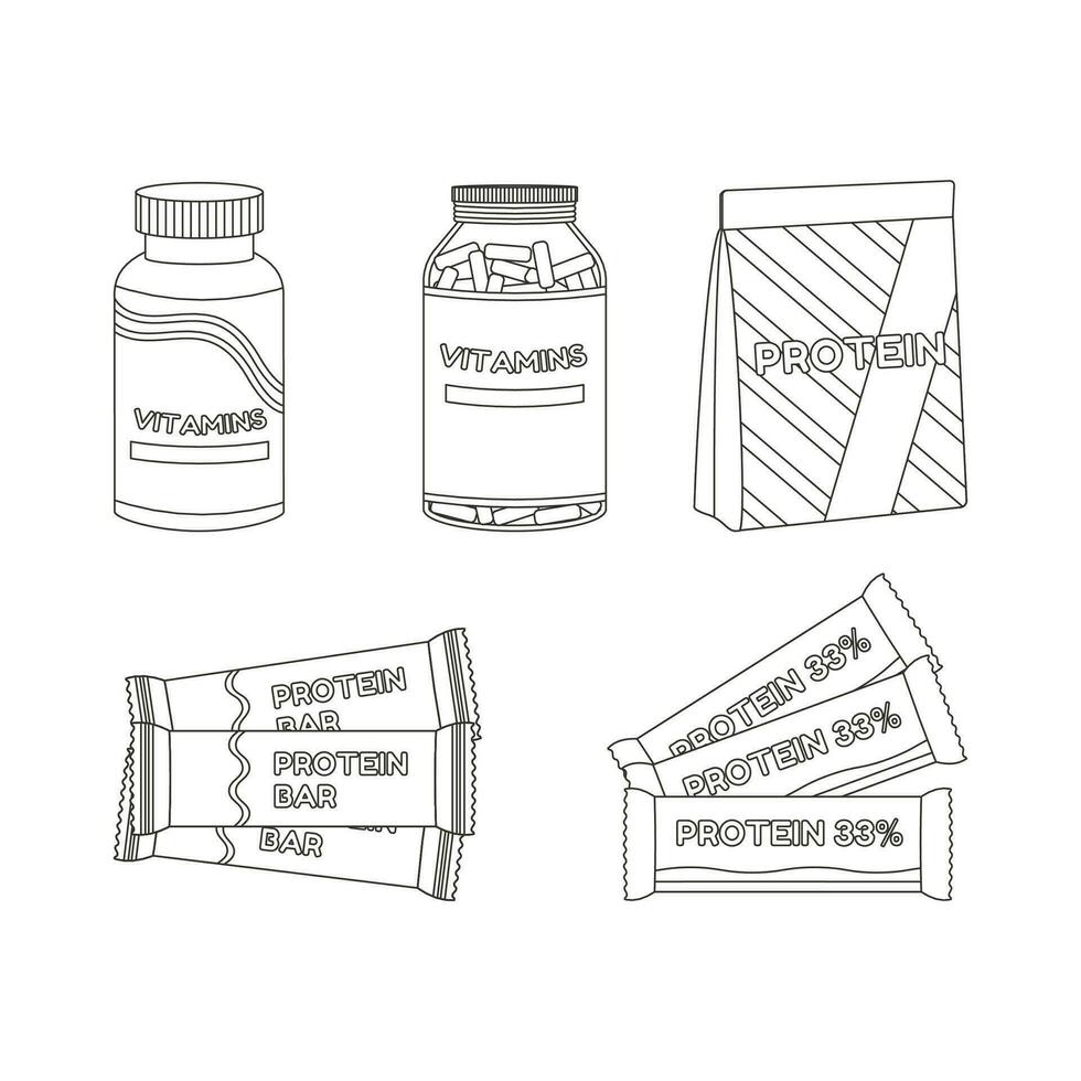 Vitamine, Eiweiß, Protein Riegel. Sport Ausrüstung. Fitness Inventar. eben Vektor Illustration. Linie Kunst.