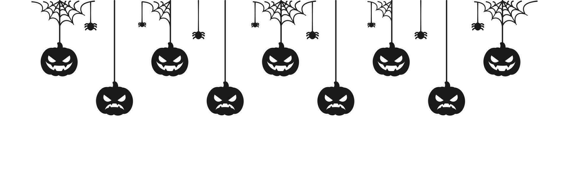 glücklich Halloween Banner oder Rand mit Spinne Netz und Jack Ö Laterne Kürbisse. hängend gespenstisch Ornamente Dekoration Vektor Illustration, Trick oder behandeln Party Einladung