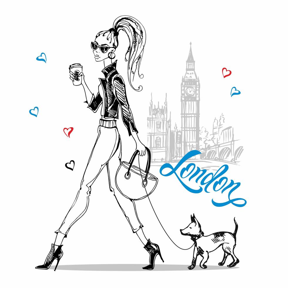 Ein Mädchen in London geht mit ihrem Hund spazieren. Kaffee trinken. Grafik. Vektor. vektor