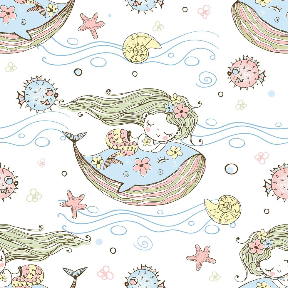 nahtloses Muster. süße kleine Meerjungfrau, die auf einem Wal schläft. Vektor