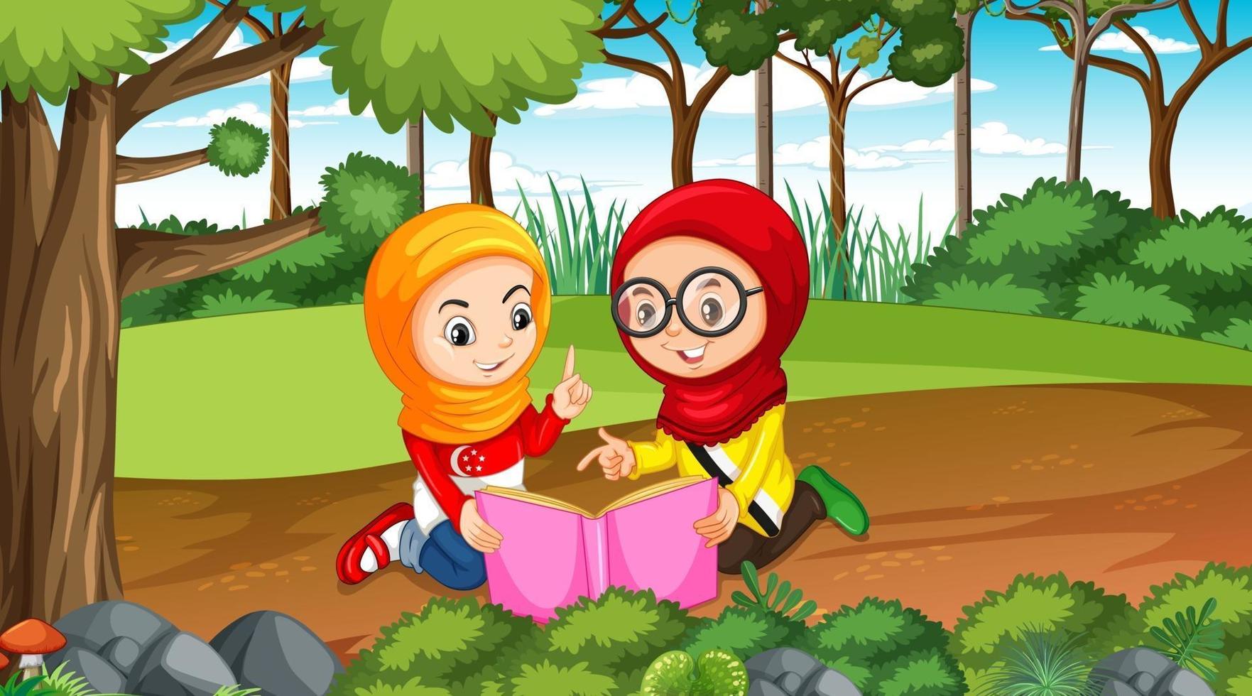Brunei Kids trägt traditionelle Kleidung und liest ein Buch in der Waldszene vektor