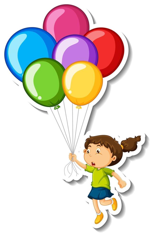 Aufklebervorlage mit einem Mädchen, das viele Luftballons isoliert hält vektor