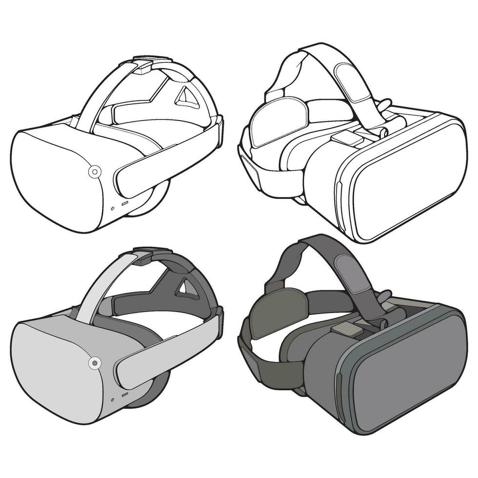 einstellen aus virtuell Wirklichkeit Headset Färbung Zeichnung Vektor, virtuell Wirklichkeit Headset gezeichnet im ein skizzieren Stil. Färbung virtuell Wirklichkeit Headset Sportschuhe Vorlage Umriss, Vektor Illustration.