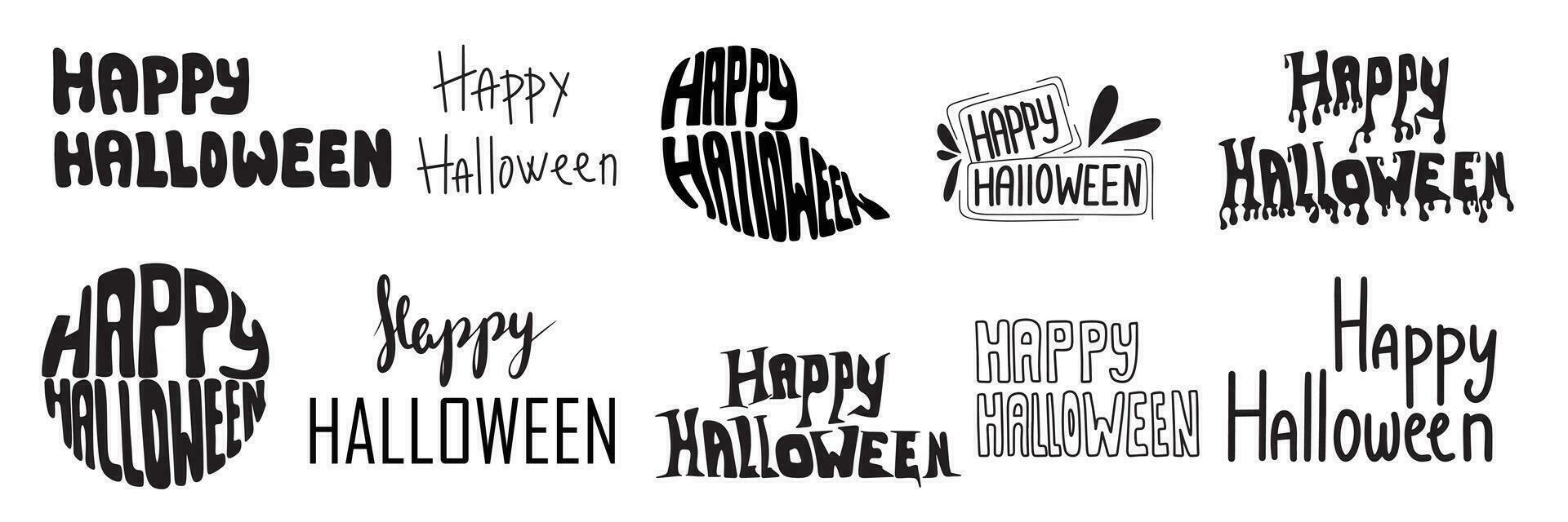 Lycklig halloween uppsättning text. hand dragen text Lycklig halloween samling fraser. vektor illustration i svart Färg.