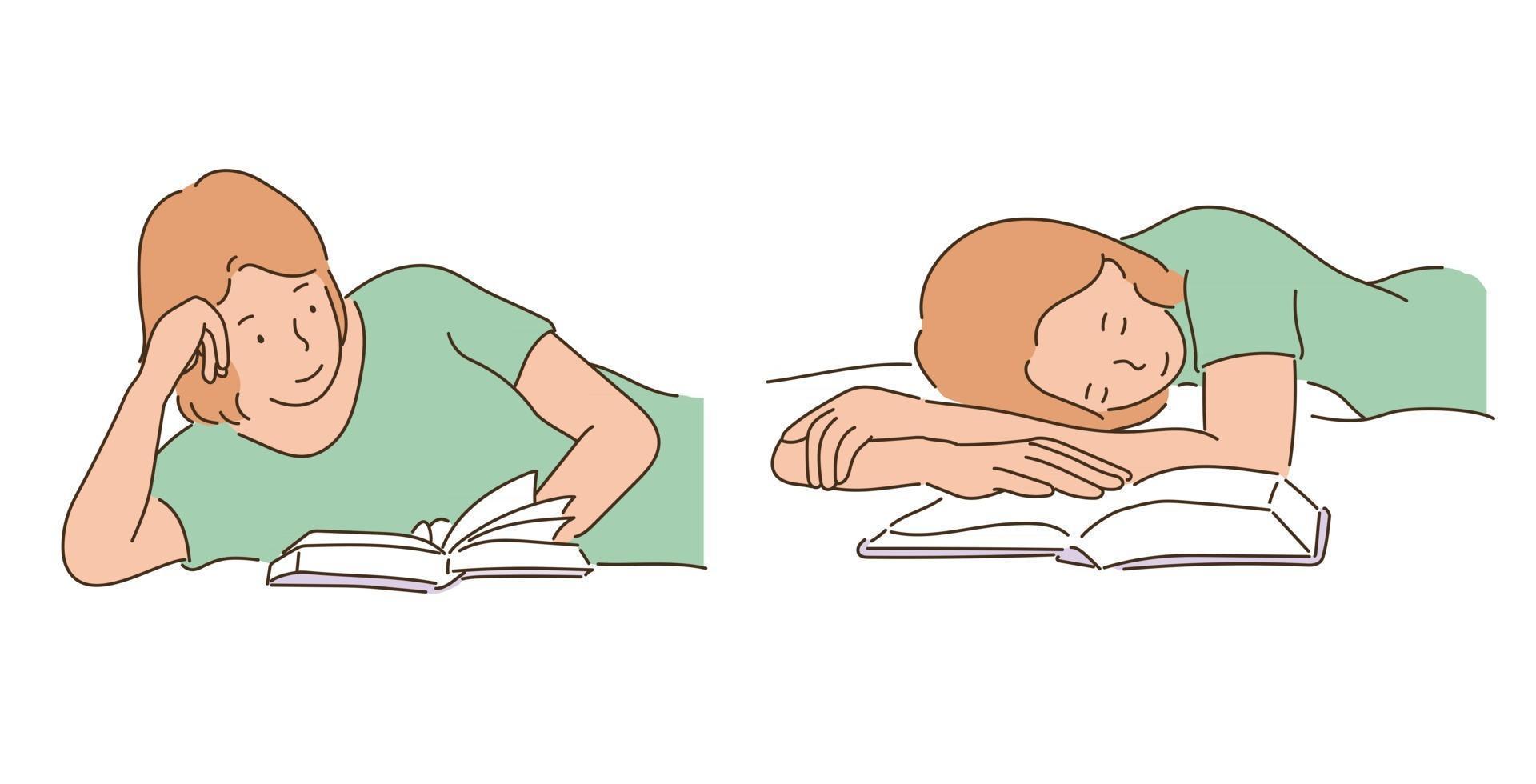 Ein Mädchen ist beim Lesen eines Buches eingeschlafen. handgezeichnete Stilvektordesignillustrationen. vektor