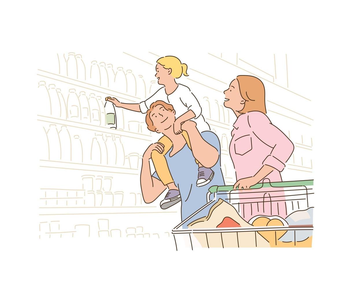 Papa legt die kleine Tochter auf die Schultern und Mama schiebt einen Einkaufswagen und kauft im Supermarkt ein. handgezeichnete Stilvektordesignillustrationen. vektor