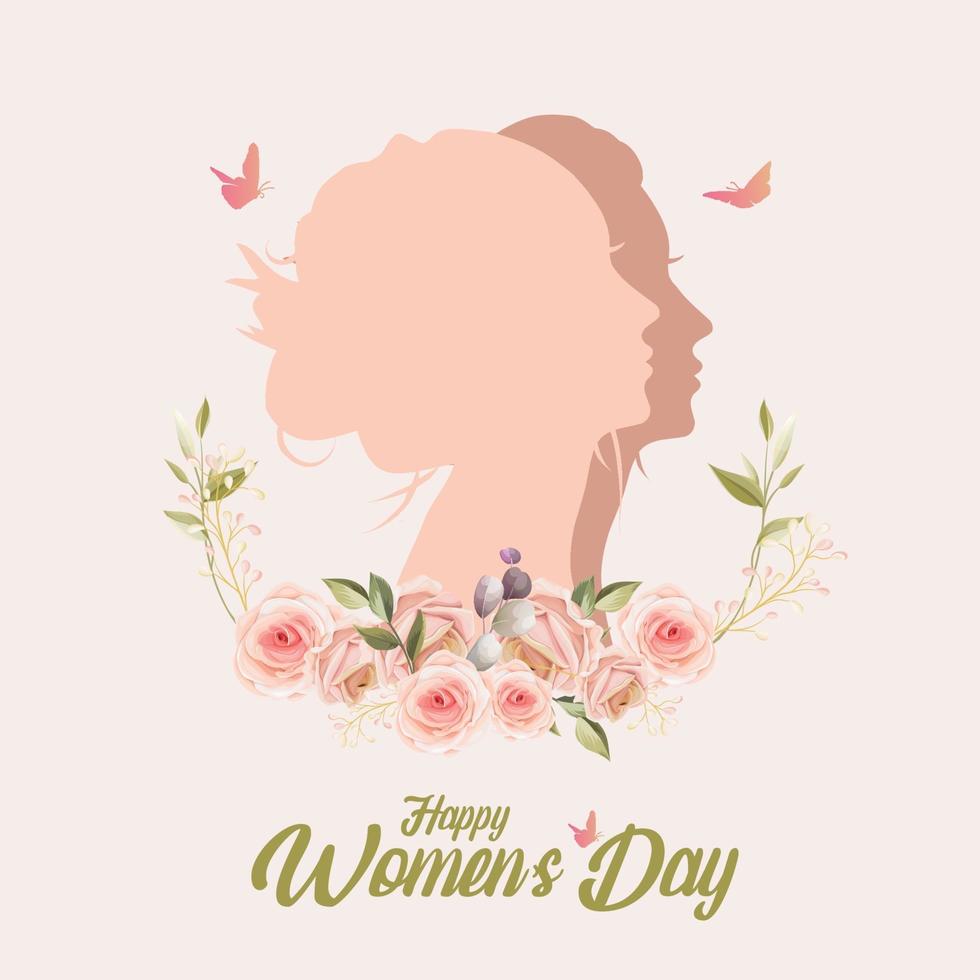 Happy Women's Day Silhouette eines Frauengesichtes mit Blütenblättern und Blättern. 8. März, Einladungskartenkopierraum. vektor