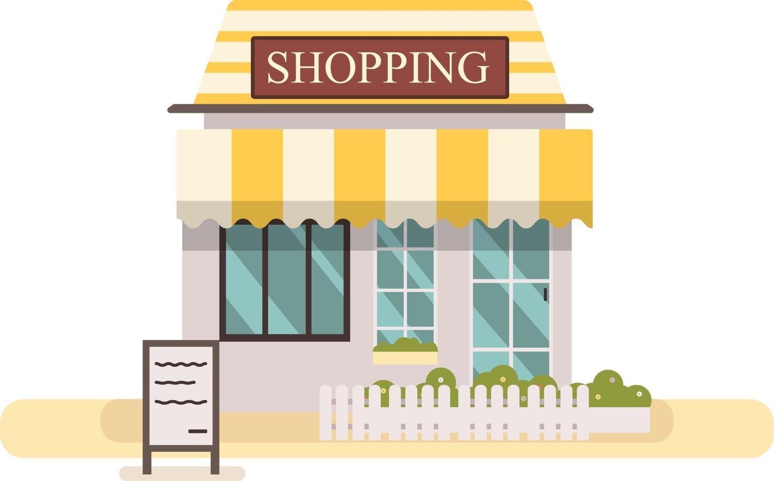butik eller marknadsbutik. söt platt designbutik med vektorillustration. fasad shoppingbutik med vit french och gräs vektor