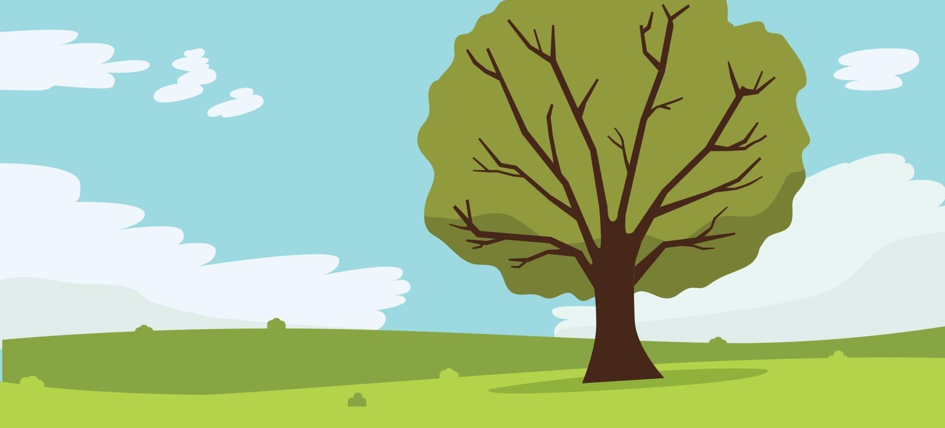 naturlandschaft mit baum, wolken und himmel background.vector illustration.mountains hügel grünes gras und großer baum.schöne sommerlandschaft.ländliche landschaft mit hügeln und feldern in der dämmerung. vektor