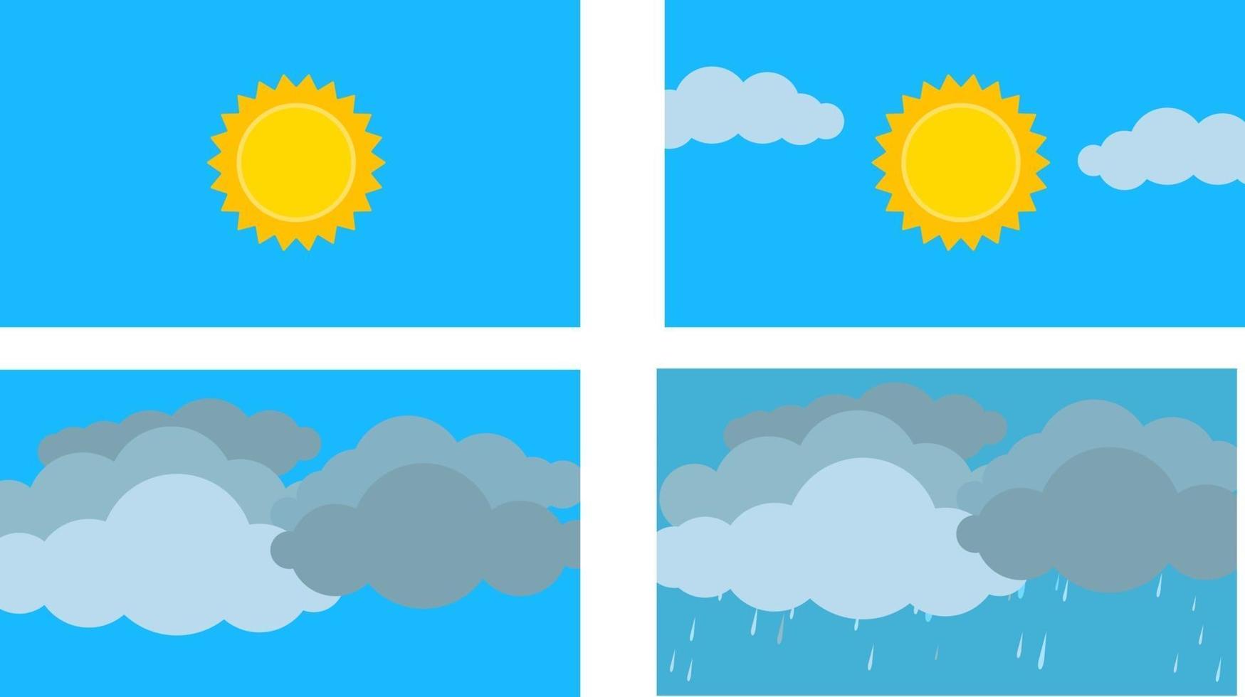 väder tecknad platt design vektor. säsong scen i himlen. soligt, molnigt, blåsigt och regnigt väder. vektor