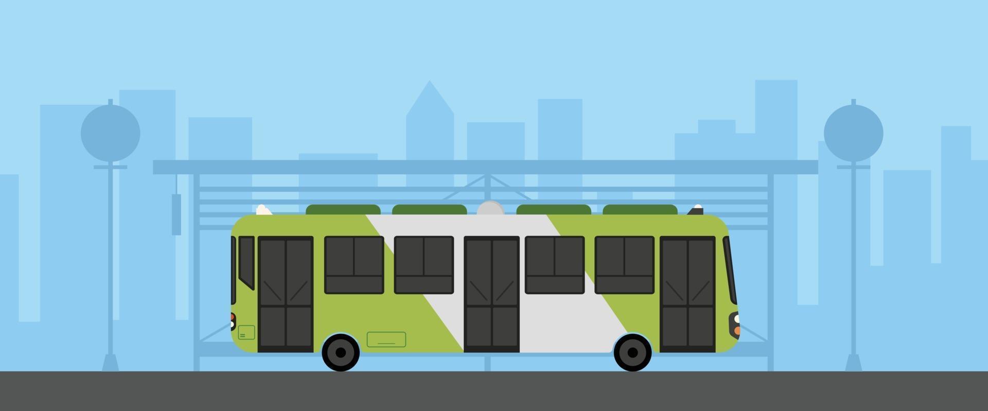 Flacher grüner Bus mit Bushaltestelle in der städtischen Szene-Vektorillustration. Bus auf der Hauptstraße mit Stadtbild. Stadt mit Bushaltestelle vektor