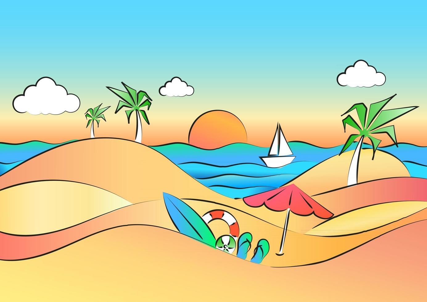 Retro-Comic-Stil Illustration mit Regenschirm, Surfbrett, Strandsandalen, Rettungsring und Palmen vektor