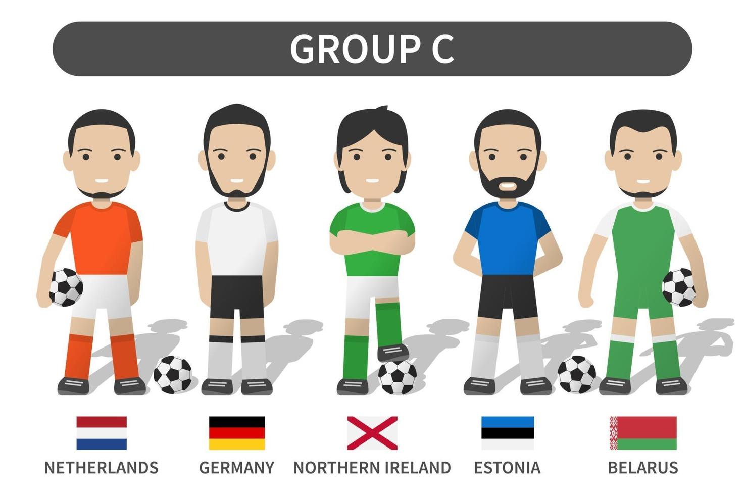 Europeiska fotbollscupsturneringens kvalificering oavgjort 2020 och 2021. grupp c. fotbollsspelare med uniformströja och nationell flagga. tecknad karaktär platt design. vit tema bakgrund. vektor .
