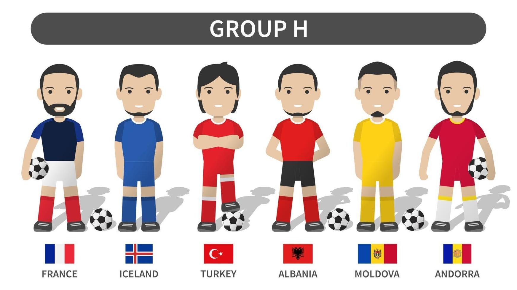 Europeiska fotbollscupsturneringens kvalificering oavgjort 2020 och 2021. grupp h. fotbollsspelare med uniformströja och nationell flagga. tecknad karaktär platt design. vit tema bakgrund. vektor .