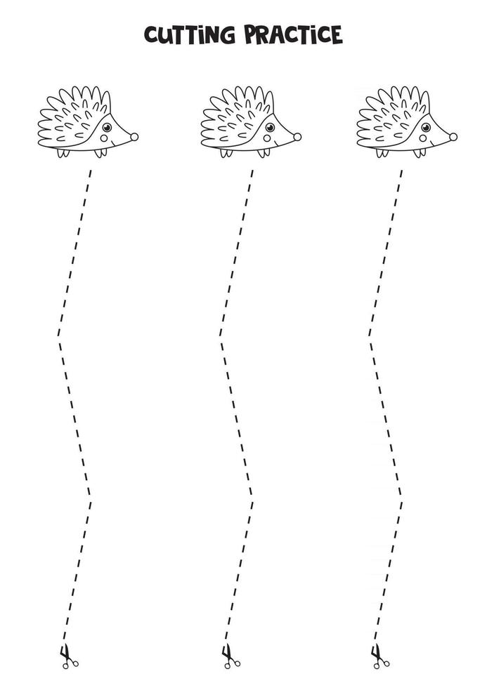 Schneidepraxis für Kinder mit süßem schwarz-weißem Igel. vektor